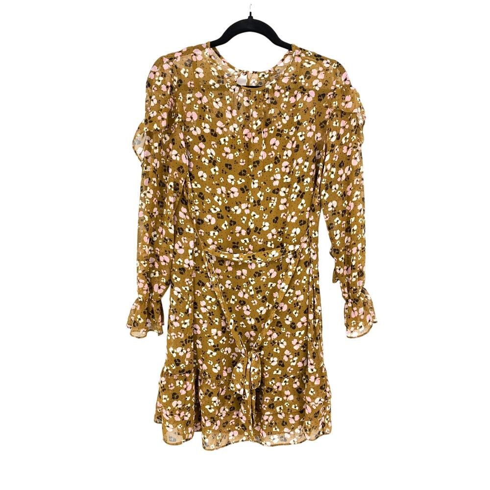 Who What Wear Dress Womens S Belted Ruffle Sleeve Tiered Mini Leopard Floral NEW